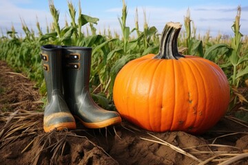 Sticker - rubber boots next to a large pumpkin in a field