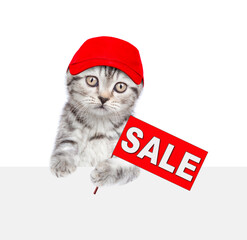 Poster - Cat wearing red cap holds signboard with labeled 