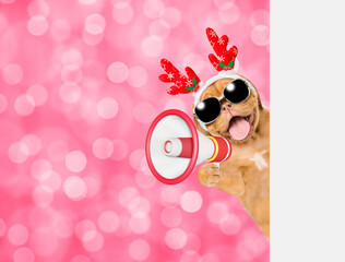 Poster - Happy Mastiff puppy dressed like santa claus reindeer  Rudolf looking from behind empty white banner and screaming into a megaphone