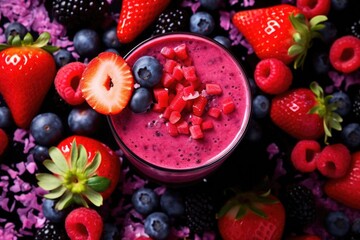 Wall Mural - red detox smoothie with scattered berries around