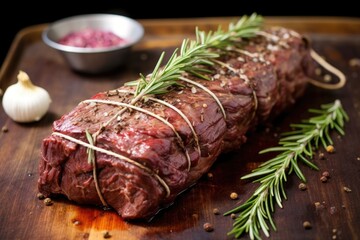 Sticker - uncooked beef roast seasoned with fresh garlic and rosemary twigs