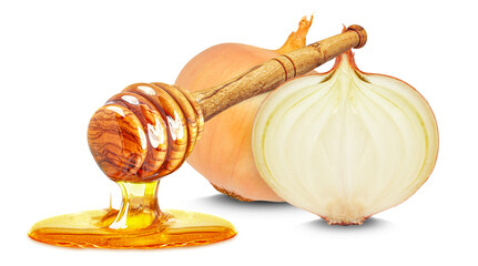 Wall Mural - onion and dripping honey isolated on white background
