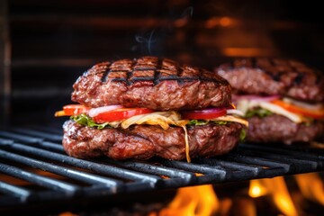 Canvas Print - double stacked burger sizzling on high-temperature grill