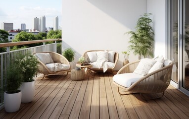 Wall Mural - Modern loft balcony with wooden floors, concrete walls and rattan furniture. Generative AI