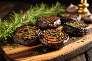 Sticker - grilled portobello mushrooms on a wooden platter