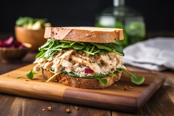 Sticker - a rustic chicken salad sandwich on a wooden board