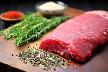 Wall Mural - an untouched raw steak next to pile of herb rub