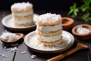 Sticker - coconut ice cream sandwich decorated with shredded coconut on wooden table