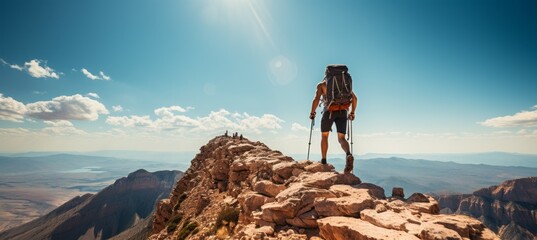 Wall Mural - A man hiking to the top. Generative AI technology.	
