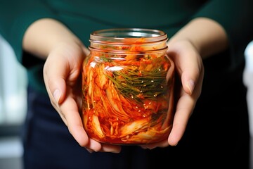 Poster - hand holding a glass jar showcasing their homemade kimchi