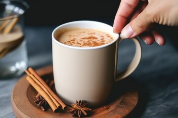 Canvas Print - hand adding a cinnamon stick to a mug of latte