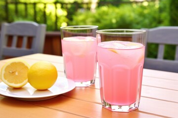 Canvas Print - full and empty glasses of pink lemonade on a patio table