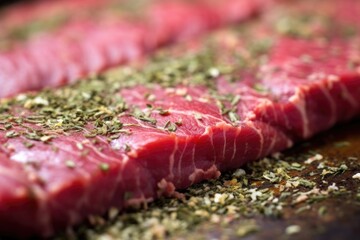 Wall Mural - macro shot detailing texture of herb rub on a steak