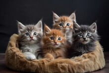 Five Small Multicolored Cats Kittens Sit In A Fur Brown Pet Basket Generative AI