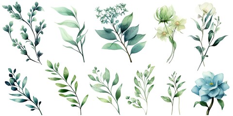 Sticker - Watercolor botanical illustrations. Summer palette. Greenery and floral delights on white background isolated. Rustic elegance. Hand drawn collection. Eucalyptus dreams. Nature green beauty