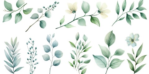 Watercolor botanical illustrations. Summer palette. Greenery and floral delights on white background isolated. Rustic elegance. Hand drawn collection. Eucalyptus dreams. Nature green beauty