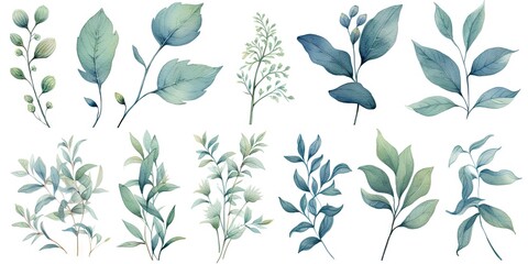 Watercolor botanical illustrations. Summer palette. Greenery and floral delights on white background isolated. Rustic elegance. Hand drawn collection. Eucalyptus dreams. Nature green beauty