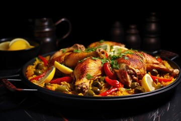 Wall Mural - one-person portion of chicken paella on a dark ceramic plate