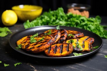 Poster - mango bbq grilled plantains served with fresh greens