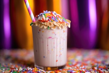 Wall Mural - a striped straw poking out of a milkshake full of colorful sprinkles