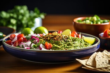 Poster - homemade guacamole with nachos on a serving plate