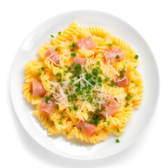 Wall Mural - delicious plate of cheese and ham pasta isolated on white background