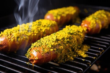 Canvas Print - mustard smeared on grilled sausages on a bbq grill