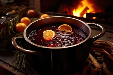 Canvas Print - close up of a pot with simmering mulled wine