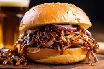 Poster - sandwich with pulled pork and caramelized onions in close-up