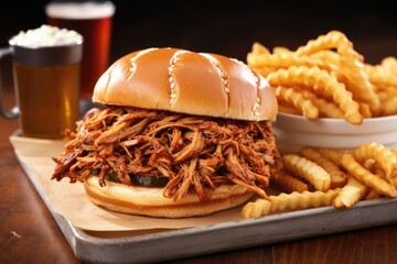 Poster - high angle shot of pulled pork sandwich with curly fries