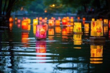 Canvas Print - colorful lanterns floating on a placid pond