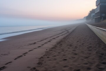 Sticker - empty beach before sunrise, lingering morning fog