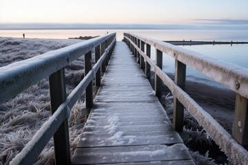 Canvas Print - frost on a wooden pier extending into sea