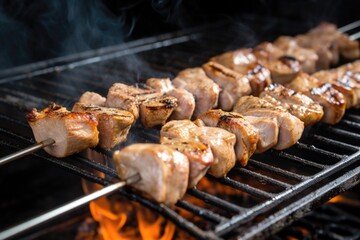 Poster - flipping marinated pork skewers with tongs on a grill