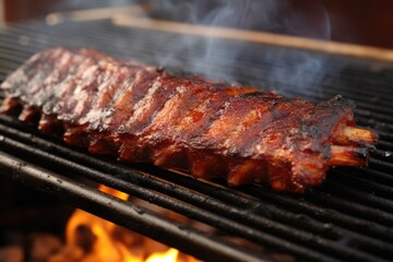 Wall Mural - bbq ribs on a grill grate with smoke