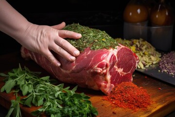 Poster - chefs gloved hand adding spices to rotating lamb leg