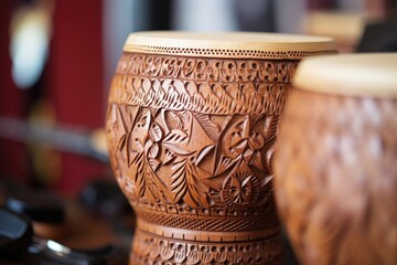 close-up of intricate carvings on a djembes base