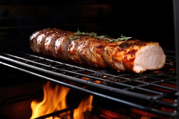 Sticker - pork loin being rotated over an open flame grill