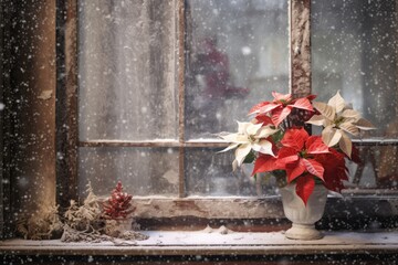 Canvas Print - poinsettia plant on snowy windowsill