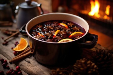 Canvas Print - a pot of spiced homemade mulled wine on a stovetop