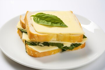 Sticker - multiple cheese sandwich with fresh basil leaves on a white plate