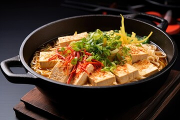 Poster - ramen with tofu and vegetables in a black bowl