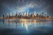 A dreamy, impressionistic depiction of the iconic New York City skyline, with the twinkling lights of the city reflected in the calm waters of the Hudson River