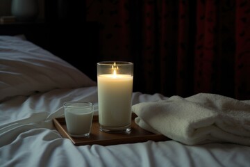 Wall Mural - a glass of milk on a nightstand, lit by a soft night lamp