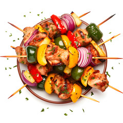 Wall Mural - plate of delicious skewers with chicken and vegetables isolated on white background