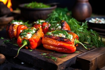 Wall Mural - charred smoked stuffed peppers on a rustic stone slab