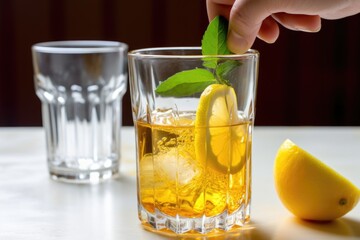 Poster - squeezing fresh lemon into glass of sun-brewed iced tea