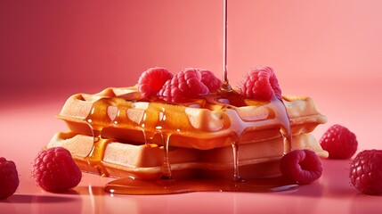 Wall Mural - Delicious Waffle with Syrup on a Pink Background - Breakfast or Dessert Concept