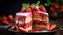 Delicious Slice Of Homemade Strawberry Sponge Cake With Fresh Berries And Whipped Cream On A White Plate