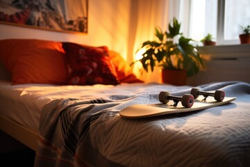 Wall Mural - a skateboard positioned next to a cozy bed